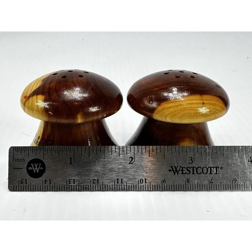 Vintage Souvenir Mid Century Mod Wood Mushroom Salt Pepper Shaker Lake George NY